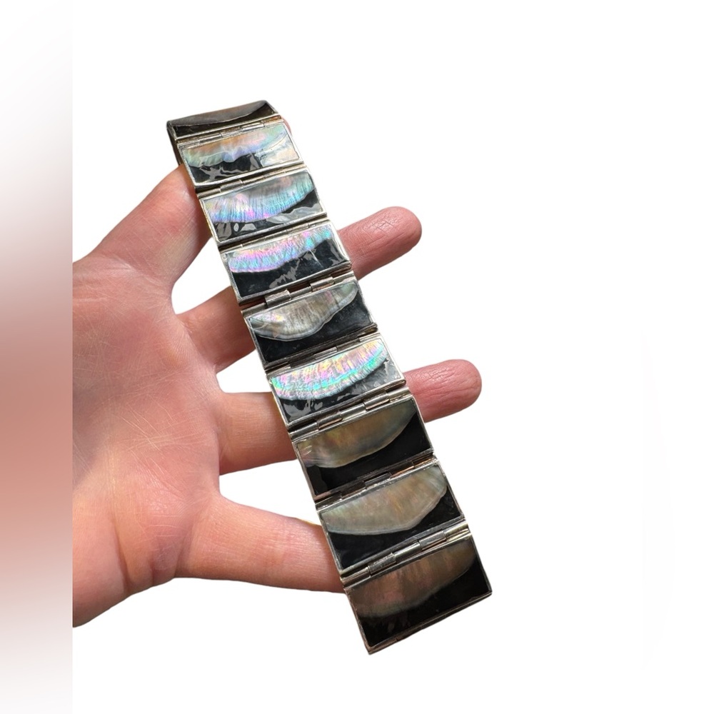 Vintage heavy mother of pearl blk onyx sterling silver 925 panel bracelet